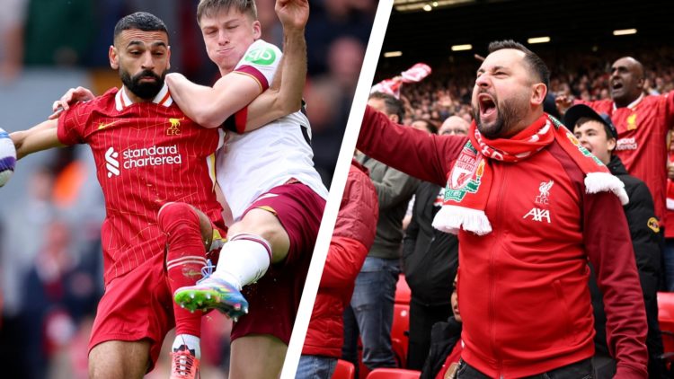 West Ham defender Ollie Scarles struggles to get to grips with Liverpool superstar Mohamed Salah in front of the Anfield crowd.