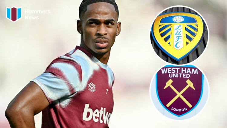 West Ham winger Crysencio Summerville. Inset, West Ham and Leeds United crests