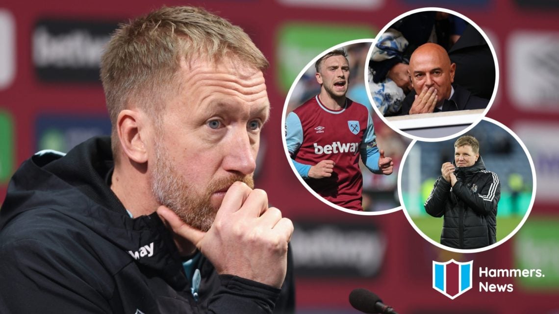 West Ham head coach Graham Potter. Inset, Hammers captain Jarrod Bowen, Spurs chairman Daniel Levy and Newcastle boss Eddie Howe