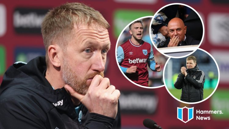 West Ham head coach Graham Potter. Inset, Hammers captain Jarrod Bowen, Spurs chairman Daniel Levy and Newcastle boss Eddie Howe