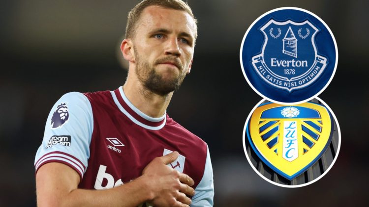 West Ham star Tomas Soucek pats the Hammers badge. Inset, Everton and Leeds United crests