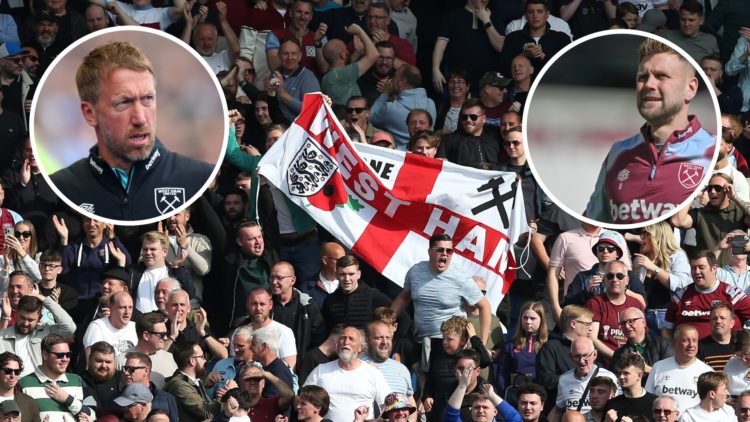 West Ham United fans watch the 3-2 defeat at Brighton. Inset, Hammers head coach Graham Potter and striker Niclas Fullkrug