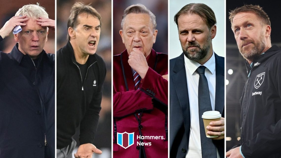 Former West Ham managers David Moyes and Julen Lopetegui, majority owner David Sullivan, ex technical director Tim Steidten and current head coach ...