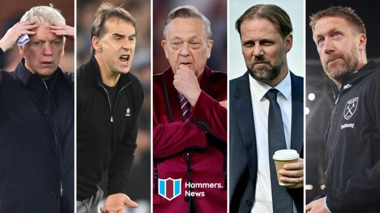 Former West Ham managers David Moyes and Julen Lopetegui, majority owner David Sullivan, ex technical director Tim Steidten and current head coach ...