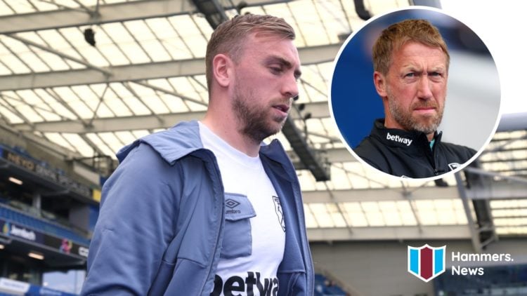 West Ham captain Jarrod Bowen looks concerned. Inset, Hammers head coach Graham Potter