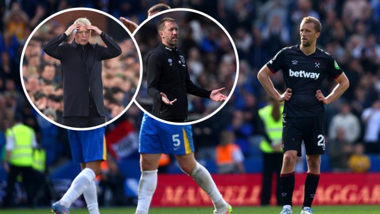West Ham star Tomas Soucek looks dejected. Inset, Everton boss David Moyes and Hammers head coach Graham Potter