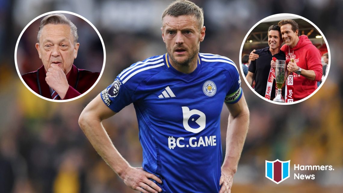 Jamie Vardy is leaving Leicester after 13 years. Inset, West Ham majority owner David Sullivan and Wrexham owners Ryan Reynolds and Rob McElhenney