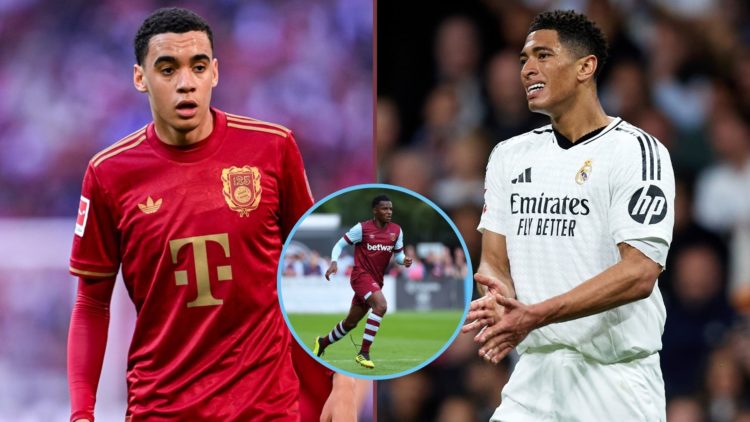 Left image, Jamal Musiala of FC Bayern München reacts during the Bundesliga match between FC Bayern München and VfL Bochum 1848 at Allianz Arena on...