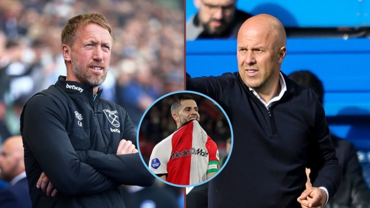 Left image, Graham Potter, Manager of West Ham United, looks on prior to the Premier League match between Brighton & Hove Albion FC and West Ham Un...