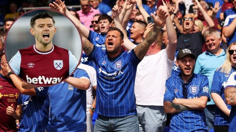 Main image, Fans of Ipswich Town show their support in the stands during the Premier League match between Ipswich Town FC and Liverpool FC at Portm...