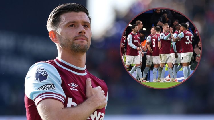Main image, Aaron Cresswell of West Ham United shows appreciation to the fans following his final appearance for the club after the Premier League ...