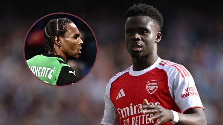 Main image, Bukayo Saka of Arsenal looks on during the Premier League match between Arsenal FC and Newcastle United FC at Emirates Stadium on May 1...