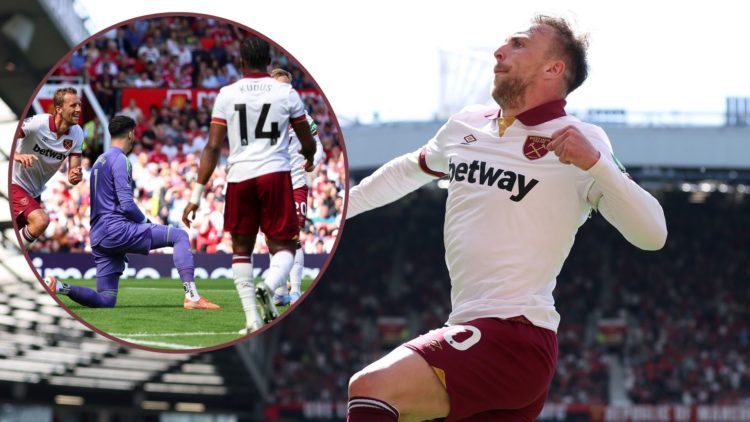 Main image, Jarrod Bowen of West Ham United celebrates scoring his team's second goal during the Premier League match between Manchester United FC ...