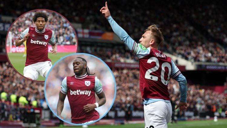 Main image, Jarrod Bowen of West Ham United celebrates scoring his team's first goal during the Premier League match between West Ham United FC and...