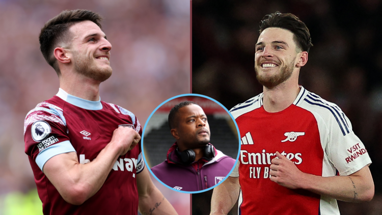 Left image, Declan Rice of West Ham United celebrates after scoring the team's first goal during the Premier League match between West Ham United a...
