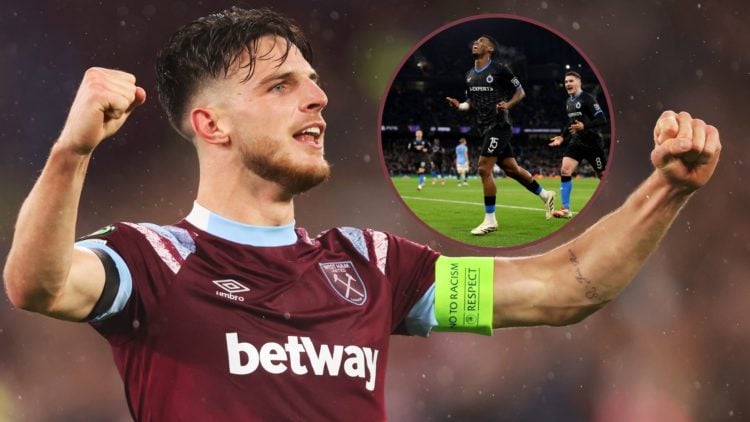 Main image, Declan Rice of West Ham United celebrates after teammate Emerson Palmieri scores their team's second goal during the UEFA Europa Confer...
