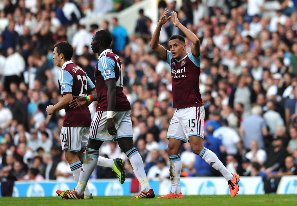 Ravel Morrison celebrates scoring for West Ham against Tottenham Hotspur in the Premier League in 2023.