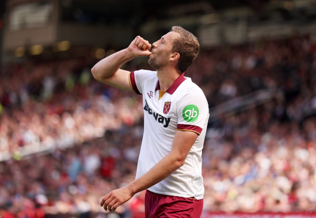 Tomas Soucek in action against Manchester United FC for West Ham United FC - Premier League