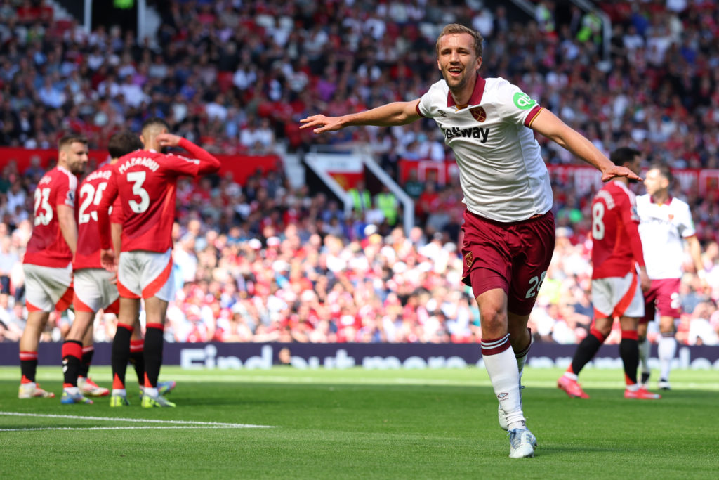 Tomas Soucek scores against Manchester United FC for West Ham United FC - Premier League