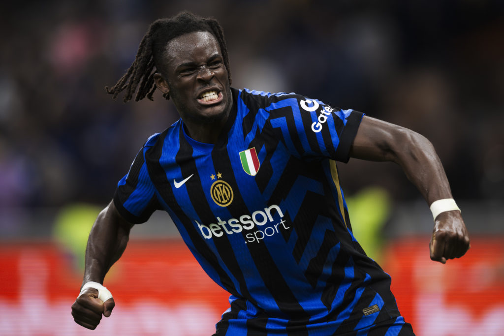 Yann Bisseck of FC Internazionale celebrates after scoring