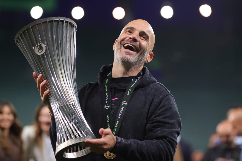 Chelsea coach Enzo Maresca celebrates with the Conference League trophy - Real Betis Balompie v Chelsea FC - UEFA Conference League Final 2025