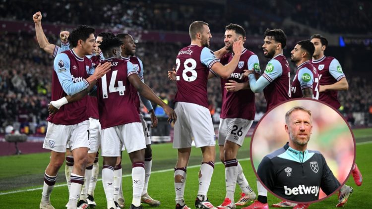 Main image, Tomas Soucek of West Ham United celebrates scoring his team's second goal with team mates during the Premier League match between West ...