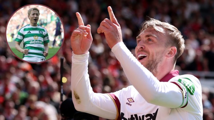 Main image, Jarrod Bowen of West Ham United celebrates scoring his team's second goal during the Premier League match between Manchester United FC ...