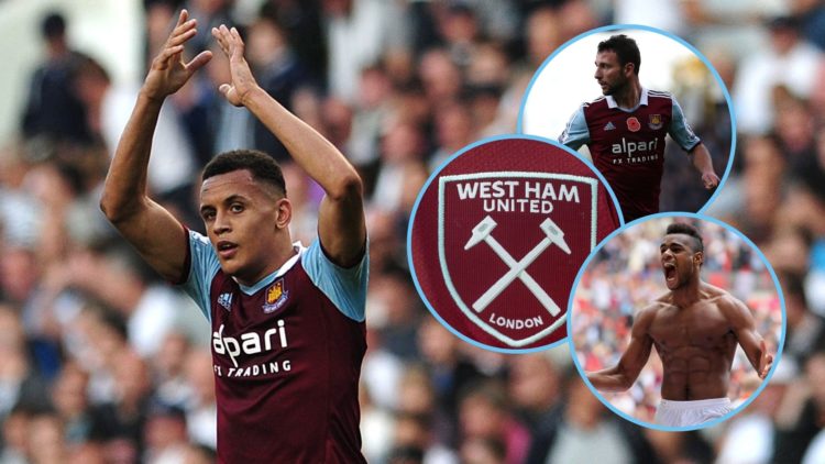 Main image, West Ham United's English midfielder Ravel Morrison (R) celebrates after scoring the third goal during the English Premier League footb...