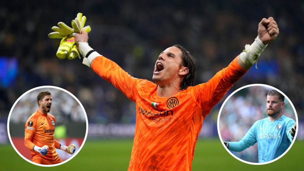 Inter Milan goalkeeper Yann Sommer celebrates making the Champions League final. Inset, Eintracht Frankfurt goalkeeper Kevin Trapp and VfL Bochum's Timo Horn.