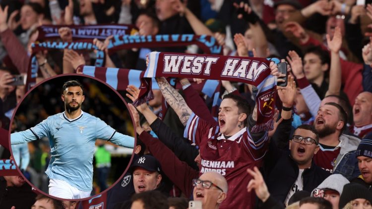 West Ham United Fans celebrate during the pre-season friendly match between Tottenham Hotspur and West Ham United at Optus Stadium on July 18, 2023...