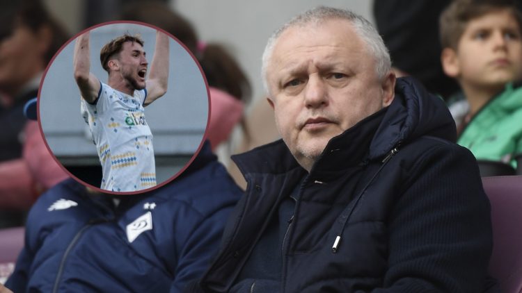 Main image, President of Dynamo Kyiv Igor Surkis reacts during the UEFA Youth League Round of 16 soccer match between Dynamo Kyiv and Sporting CP a...