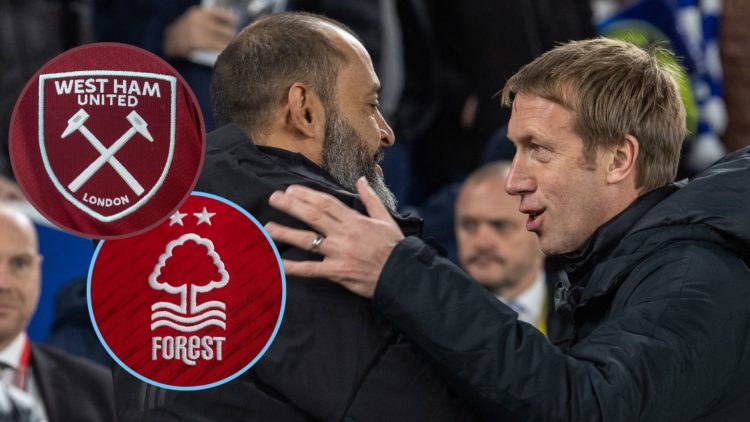 Nottingham Forest boss Nuno Espirito Santo and West Ham head coach Graham Potter talk before a Premier League clash