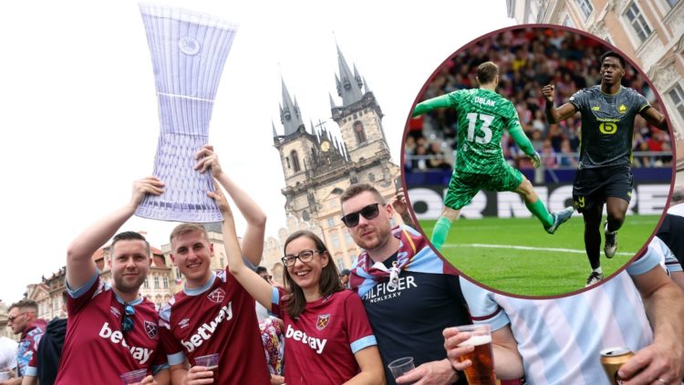 Main image, Fans of West Ham United FC enjoy the atmosphere in the city center prior to the UEFA Europa Conference League 2022/23 final match betwe...