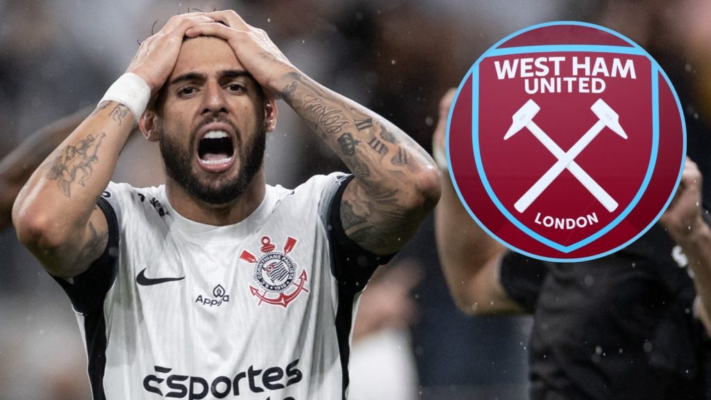 Main image, Yuri Alberto of Corinthians reacts during the Copa CONMEBOL Sudamericana 2025 match between Corinthians and Racing Club de Montevideo at Neo Quimica Arena on April 24, 2025 in Sao Paulo, Brazil. Inset, A general view of the West Ham United FC badge within the stadium prior to the Barclays Women's Super League match between West Ham United FC and Tottenham Hotspur FC at Chigwell Construction Stadium on March 23, 2025 in Dagenham, England.
