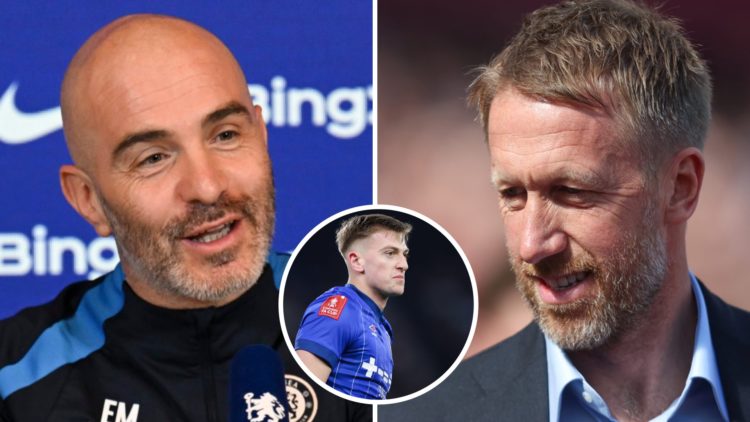 Split image showing Chelsea coach Enzo Maresca, West Ham manager Graham Potter, and Ipswich striker Liam Delap