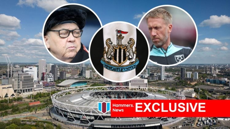 Aerial view of West Ham's London Stadium. Inset, Hammers majority owner David Sullivan, head coach Graham Potter and the Newcastle crest