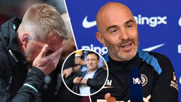 West Ham head coach Graham Potter looks dejected and Chelsea manager Enzo Maresca is all smiles. Inset, Brighton owner Tony Bloom