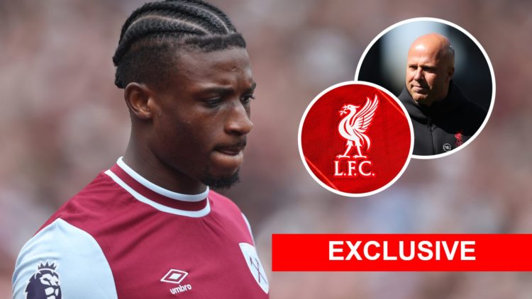 West Ham star Mohammed Kudus deep in thought. Inset, Liverpool boss Arne Slot and the club's badge