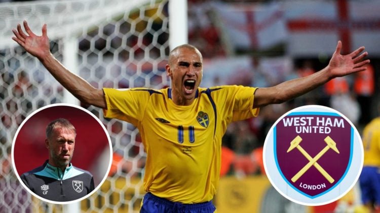 Football legend Henrik Larrson. Inset West Ham head coach Graham Potter and the Hammers badge