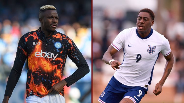 Split image showing Napoli striker Victor Osimhen and Man City starlet Divin Mubama in England action