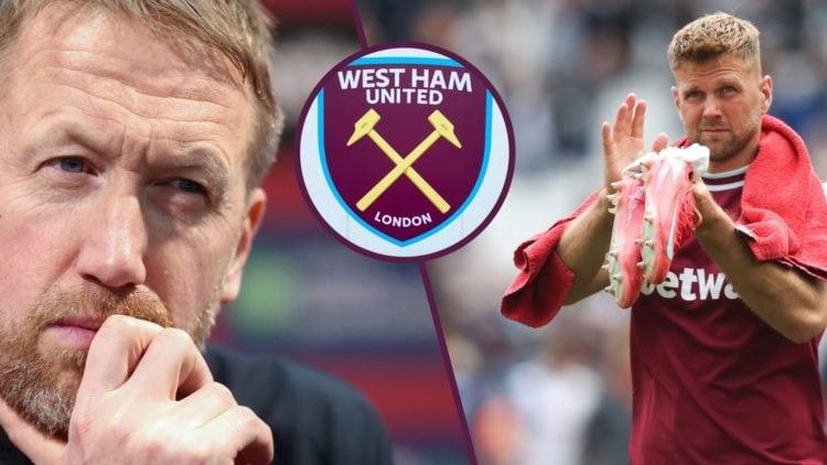 West Ham head coach Graham Potter and striker Niclas Fullkrug. Inset, the West Ham badge