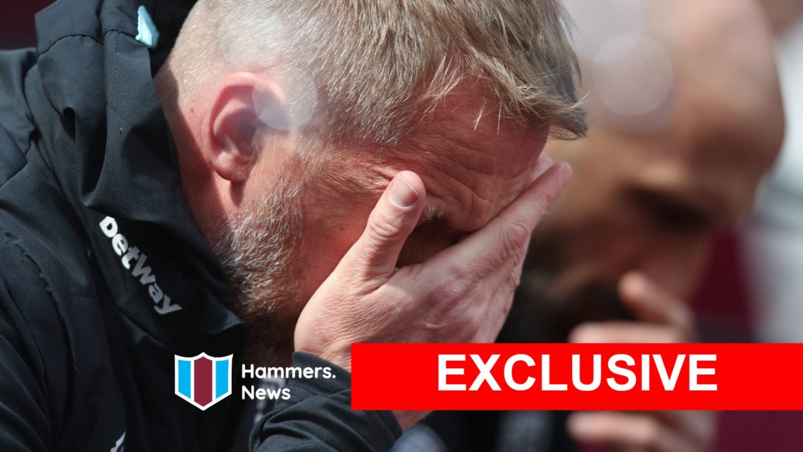 West Ham head coach Graham Potter with his head in his hands as he feels the strain