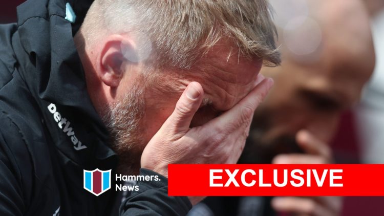 West Ham head coach Graham Potter with his head in his hands as he feels the strain