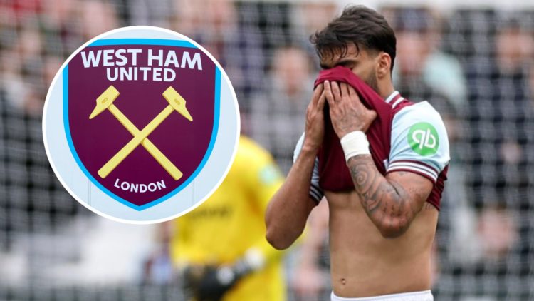 West Ham star Lucas Paqueta in tears. Inset, the Hammers badge