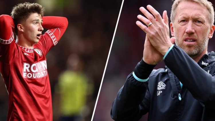 Split image showing West Ham United starlet George Earthy on loan at Bristol City, and Hammers manager Graham Potter