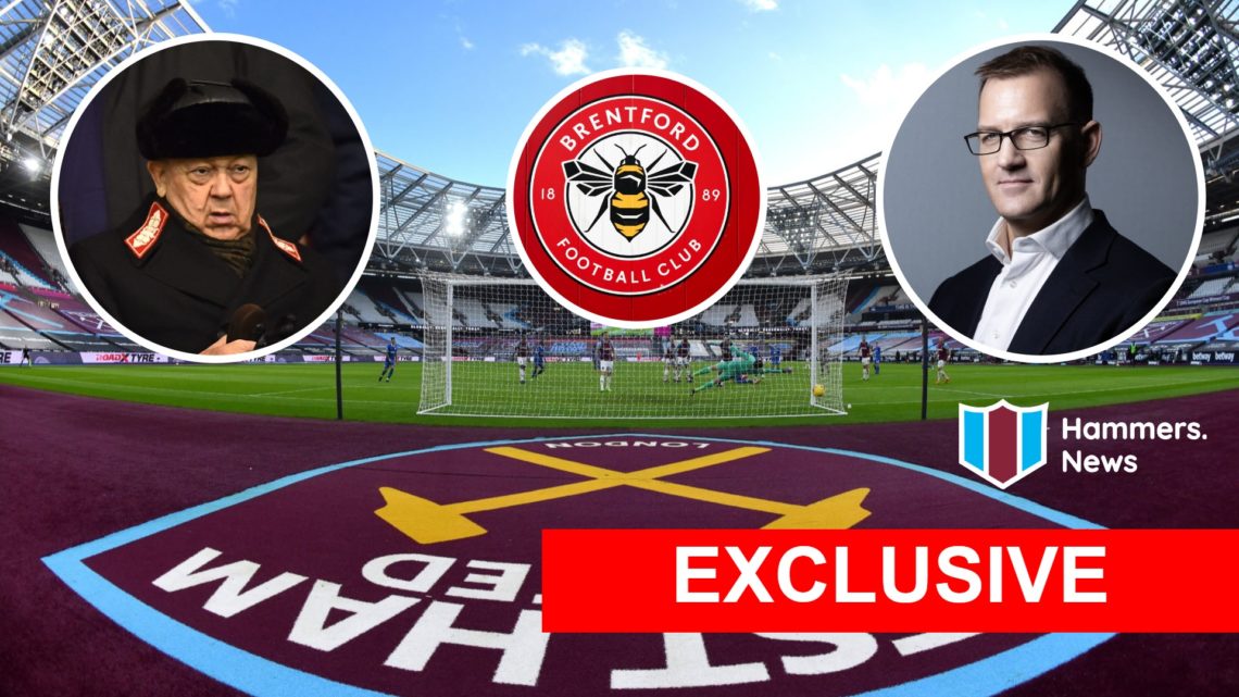 Inside West Ham's London Stadium. Inset, West Ham co-owners David Sullivan and Daniel Kretinsky and the Brentford crest