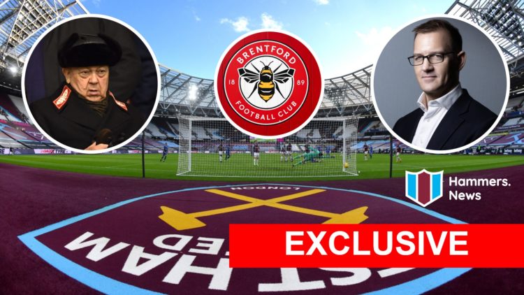 Inside West Ham's London Stadium. Inset, West Ham co-owners David Sullivan and Daniel Kretinsky and the Brentford crest