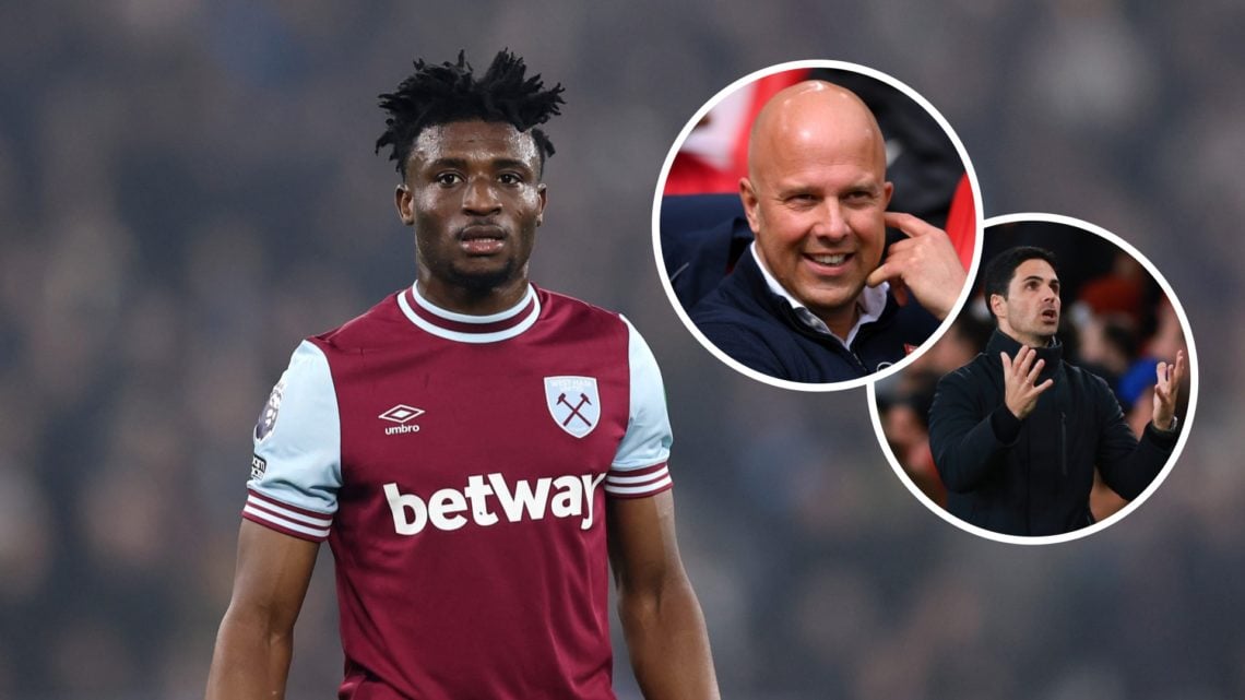 West Ham star Mohammed Kudus. Inset, Liverpool boss Arne Slot and Arsenal manager Mikel Arteta