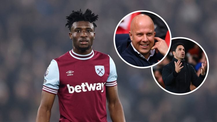 West Ham star Mohammed Kudus. Inset, Liverpool boss Arne Slot and Arsenal manager Mikel Arteta