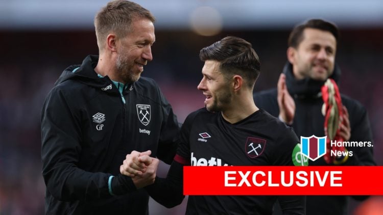 West Ham head coach Graham Potter with Aaron Cresswell as Lukasz Fabianski watches on
